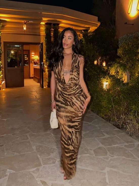 Fashion Nova Dresses & Skirts - Rhinestone Cowl Neck Maxi Dress in Brown